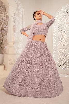 Maroon Embroidered & Sequins Net Semi Stitched Lehenga Set 1