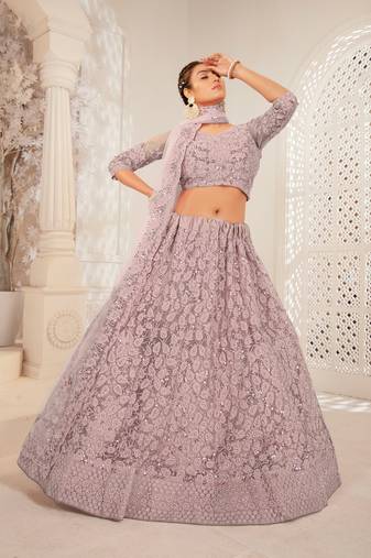 Maroon Embroidered & Sequins Net Semi Stitched Lehenga Set