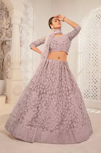 Maroon Embroidered & Sequins Net Semi Stitched Lehenga Set