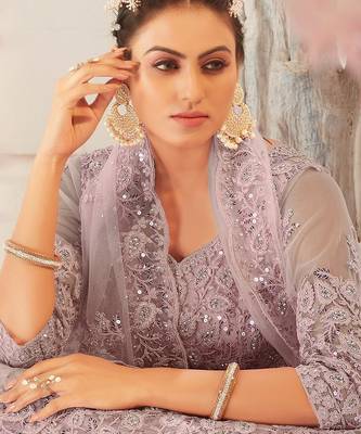 Maroon Embroidered & Sequins Net Semi Stitched Lehenga Set 2