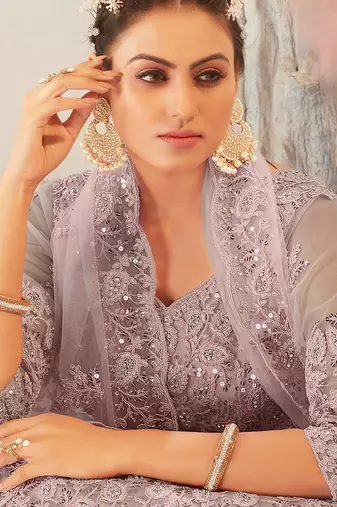 Maroon Embroidered & Sequins Net Semi Stitched Lehenga Set