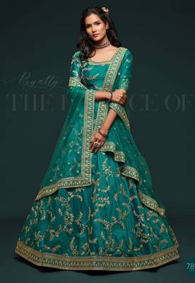 Teal Green Thread Embroidered & Sequins Silk Blend Semi Stitched Lehenga Set 1