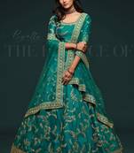 Teal Green Thread Embroidered & Sequins Silk Blend Semi Stitched Lehenga Set