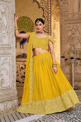 Yellow Embroidered & Sequins Georgette Semi Stitched Lehenga Set 1