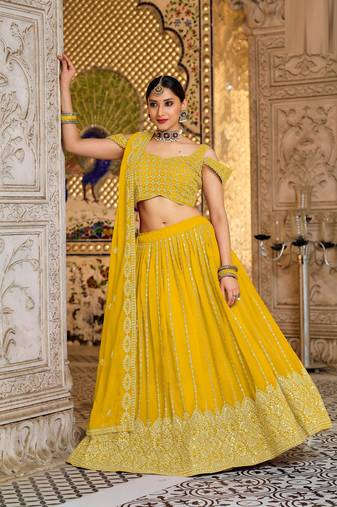 Yellow Embroidered & Sequins Georgette Semi Stitched Lehenga Set