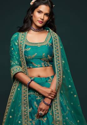 Teal Green Thread Embroidered & Sequins Silk Blend Semi Stitched Lehenga Set 2