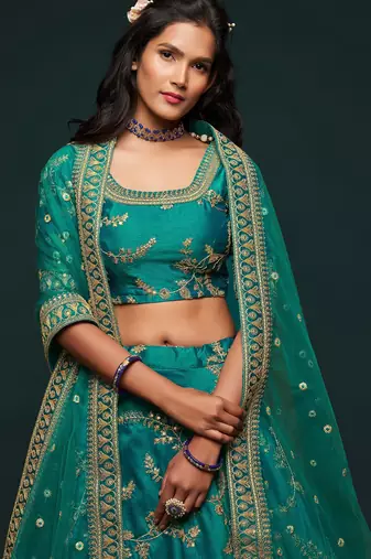 Teal Green Thread Embroidered & Sequins Silk Blend Semi Stitched Lehenga Set