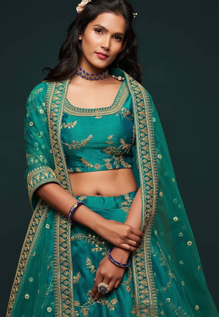 Teal Green Thread Embroidered & Sequins Silk Blend Semi Stitched Lehenga Set