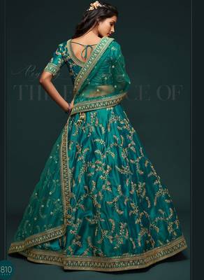 Teal Green Thread Embroidered & Sequins Silk Blend Semi Stitched Lehenga Set 3