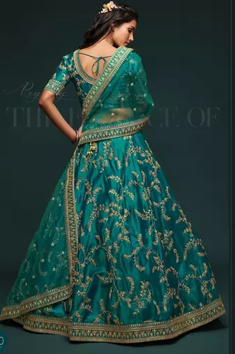 Teal Green Thread Embroidered & Sequins Silk Blend Semi Stitched Lehenga Set