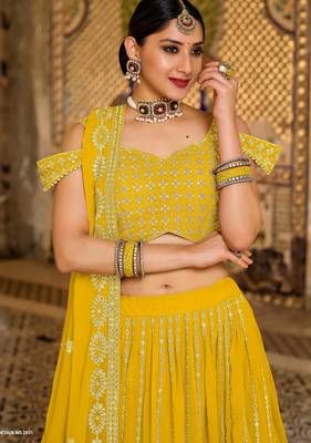 Yellow Embroidered & Sequins Georgette Semi Stitched Lehenga Set 2
