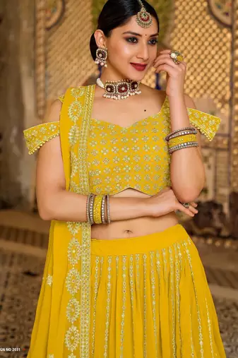 Yellow Embroidered & Sequins Georgette Semi Stitched Lehenga Set