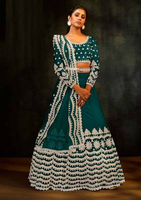 Green Embroidered & Sequins Net Semi Stitched Lehenga Set 1