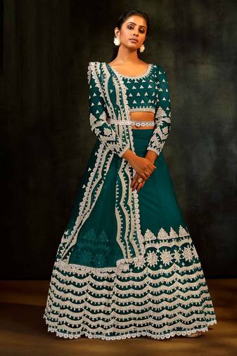 Green Embroidered & Sequins Net Semi Stitched Lehenga Set