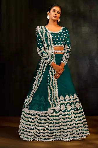 Green Embroidered & Sequins Net Semi Stitched Lehenga Set