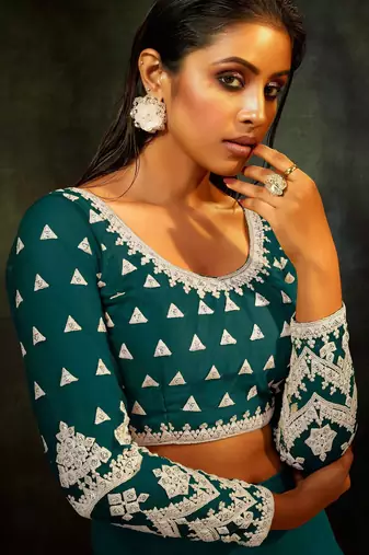 Green Embroidered & Sequins Net Semi Stitched Lehenga Set