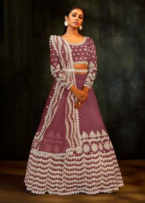 Mauve Embroidered & Sequins Net Semi Stitched Lehenga Set 1