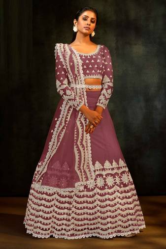 Mauve Embroidered & Sequins Net Semi Stitched Lehenga Set
