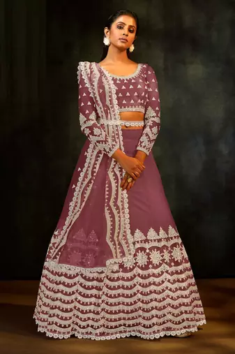 Mauve Embroidered & Sequins Net Semi Stitched Lehenga Set