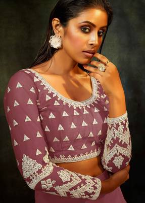 Mauve Embroidered & Sequins Net Semi Stitched Lehenga Set 2