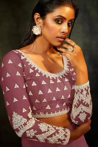Mauve Embroidered & Sequins Net Semi Stitched Lehenga Set