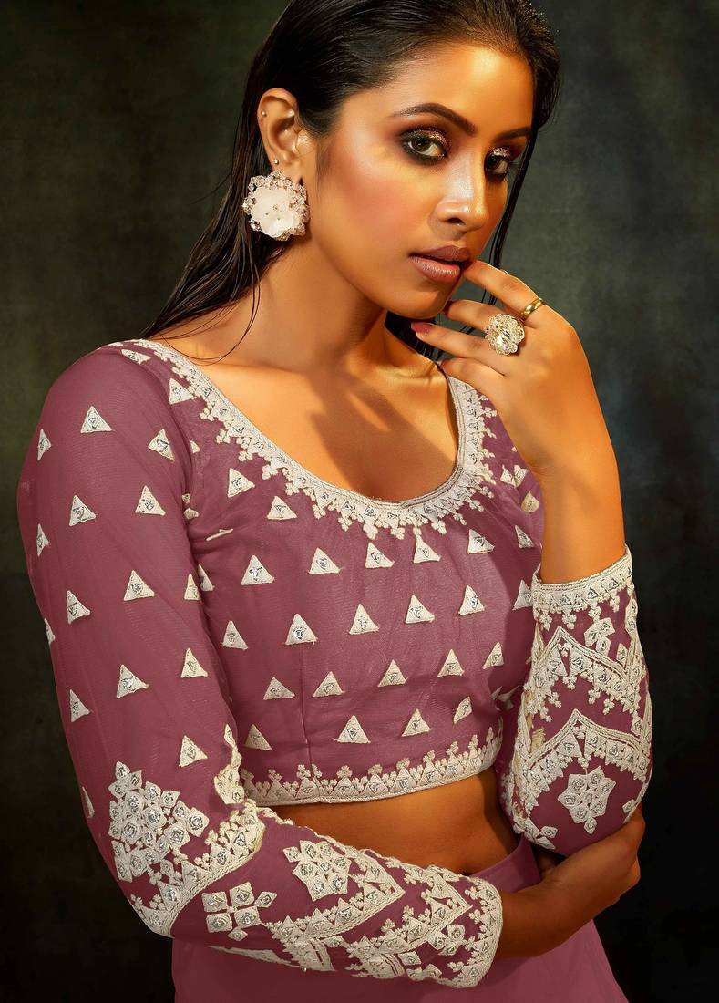 Mauve Embroidered & Sequins Net Semi Stitched Lehenga Set