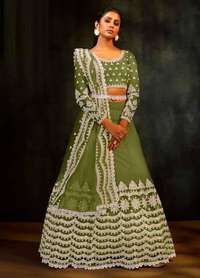 Green Embroidered & Sequins Net Semi Stitched Lehenga Set 1