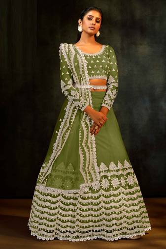 Green Embroidered & Sequins Net Semi Stitched Lehenga Set