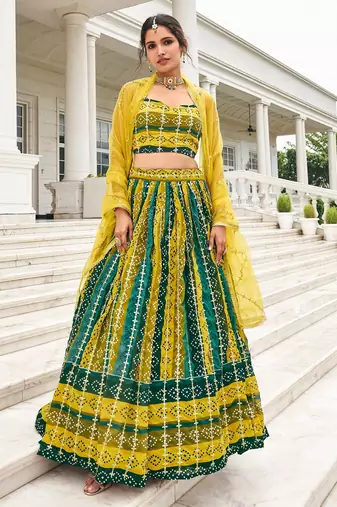 Multi Print Embroidered & Sequins Georgette Semi Stitched Lehenga Set