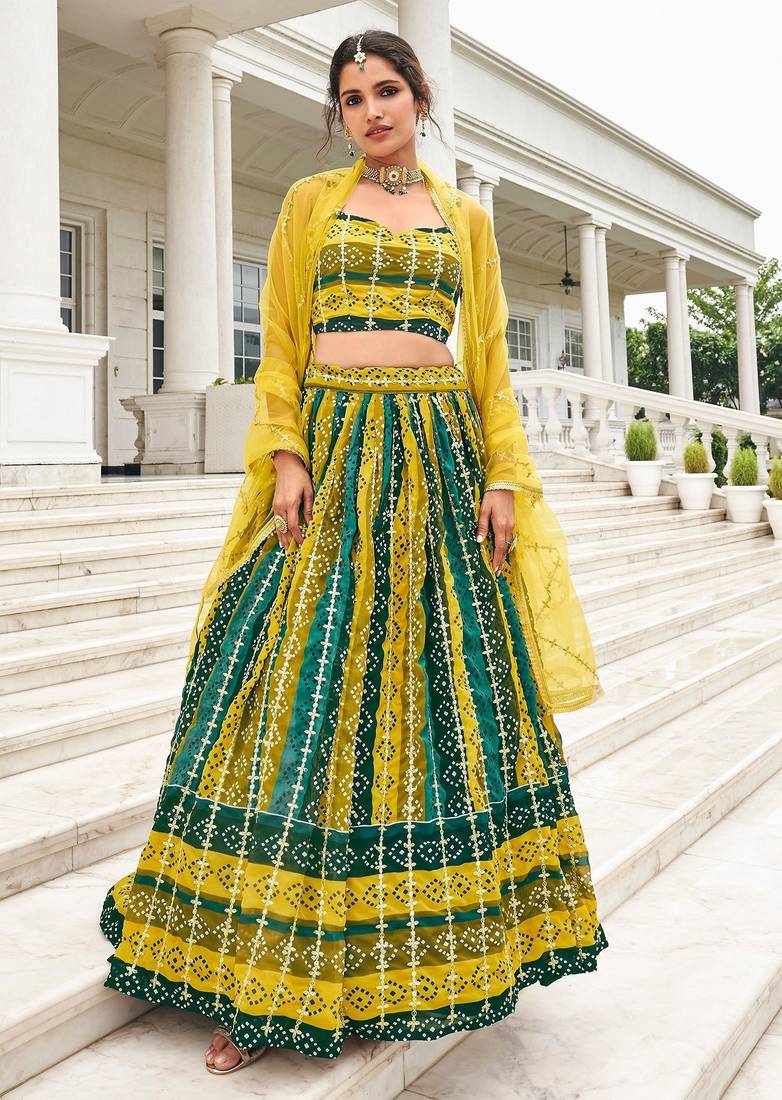 Multi Print Embroidered & Sequins Georgette Semi Stitched Lehenga Set