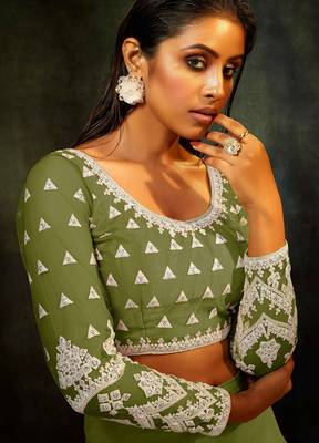 Green Embroidered & Sequins Net Semi Stitched Lehenga Set 2