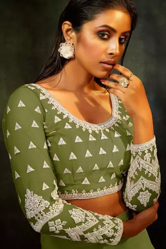 Green Embroidered & Sequins Net Semi Stitched Lehenga Set