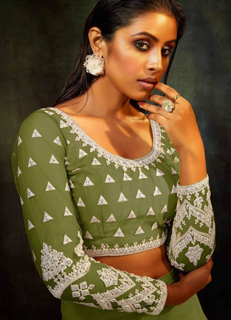 Green Embroidered & Sequins Net Semi Stitched Lehenga Set