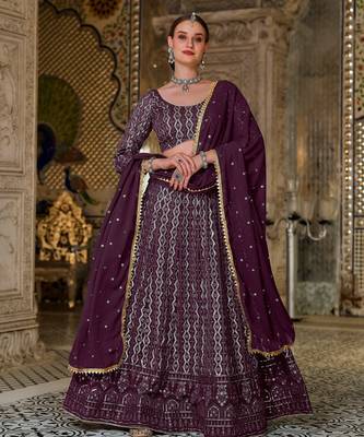 Purple Embroidered & Sequins Georgette Semi Stitched Lehenga Set 1