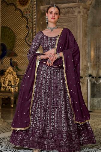 Purple Embroidered & Sequins Georgette Semi Stitched Lehenga Set