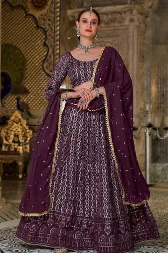 Purple Embroidered & Sequins Georgette Semi Stitched Lehenga Set