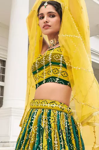Multi Print Embroidered & Sequins Georgette Semi Stitched Lehenga Set