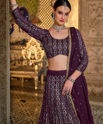 Purple Embroidered & Sequins Georgette Semi Stitched Lehenga Set 2