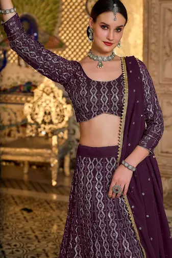 Purple Embroidered & Sequins Georgette Semi Stitched Lehenga Set
