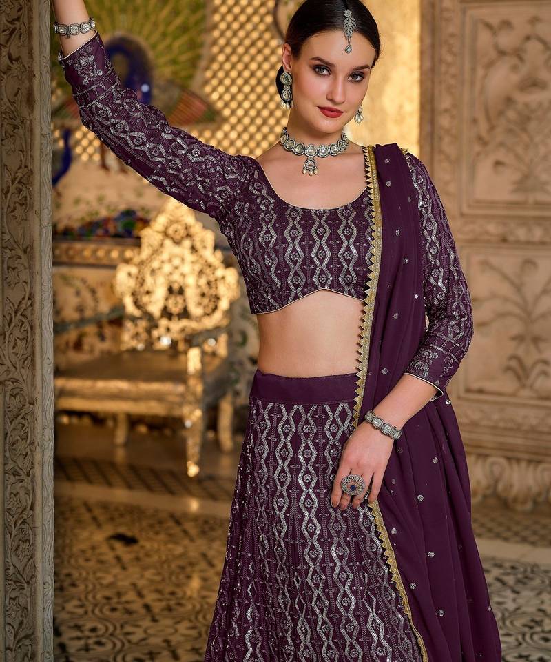 Purple Embroidered & Sequins Georgette Semi Stitched Lehenga Set
