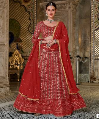 Red Embroidered & Sequins Georgette Semi Stitched Lehenga Set 1