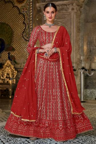 Red Embroidered & Sequins Georgette Semi Stitched Lehenga Set
