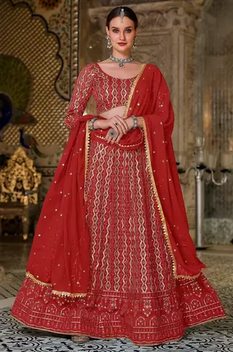 Red Embroidered & Sequins Georgette Semi Stitched Lehenga Set