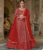 Red Embroidered & Sequins Georgette Semi Stitched Lehenga Set