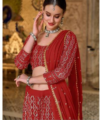Red Embroidered & Sequins Georgette Semi Stitched Lehenga Set 2