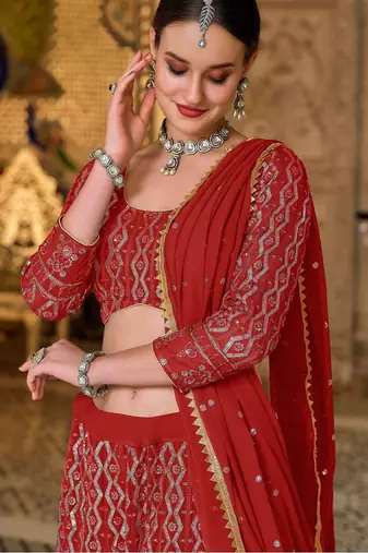 Red Embroidered & Sequins Georgette Semi Stitched Lehenga Set