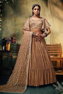 Beige Embroidered & Sequins Satin Semi Stitched Lehenga Set 1