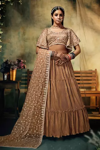Beige Embroidered & Sequins Satin Semi Stitched Lehenga Set