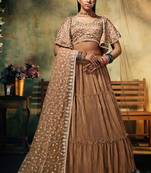 Beige Embroidered & Sequins Satin Semi Stitched Lehenga Set