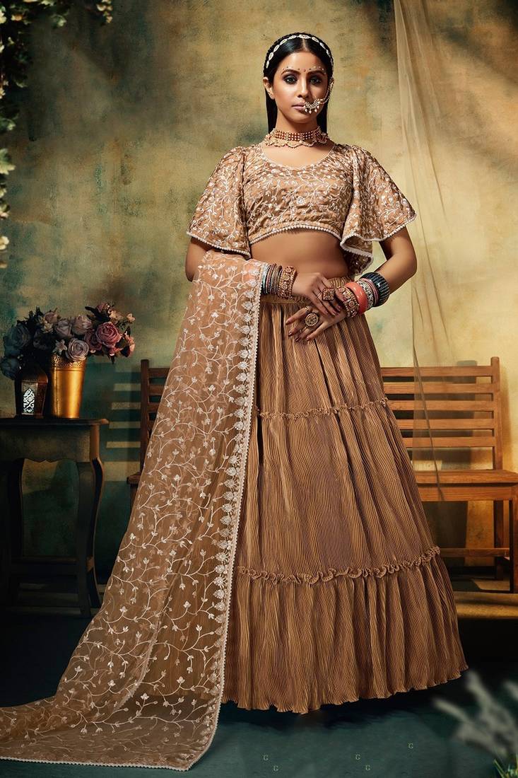 Beige Embroidered & Sequins Satin Semi Stitched Lehenga Set